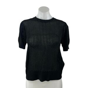 NEW Muse Black Crochet Knit Crewneck Short Puff Sleeve Crop Sweater Top Size M